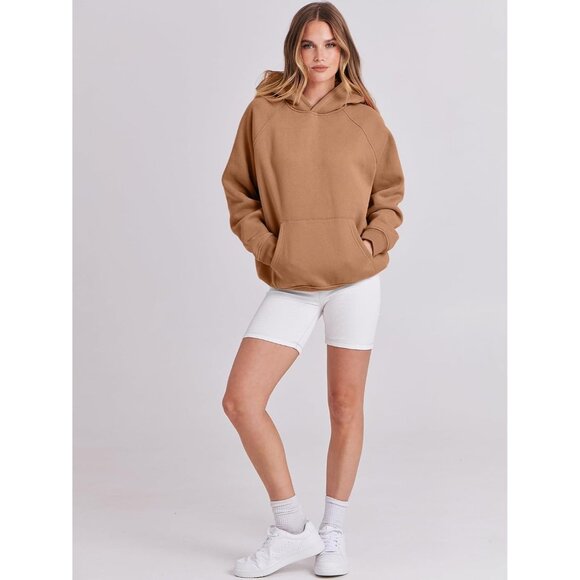 Women Light Brown Hoodies Oversized Fleece Long Sleeve Comfy Casual Sweatshirts - Picture 5 of 9
